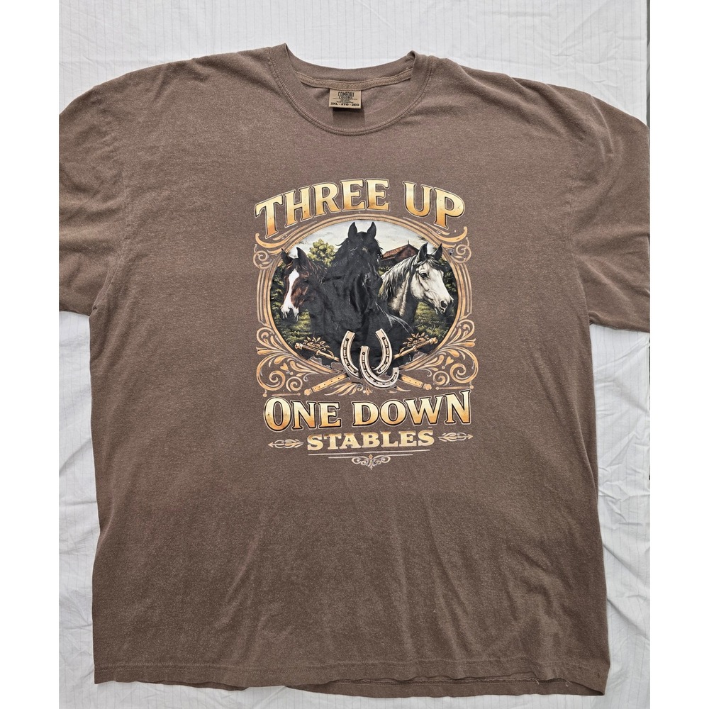 Comfort Colors Three Up One Down Stables Horse Graphic T-Shirt Brown Mens 2XL